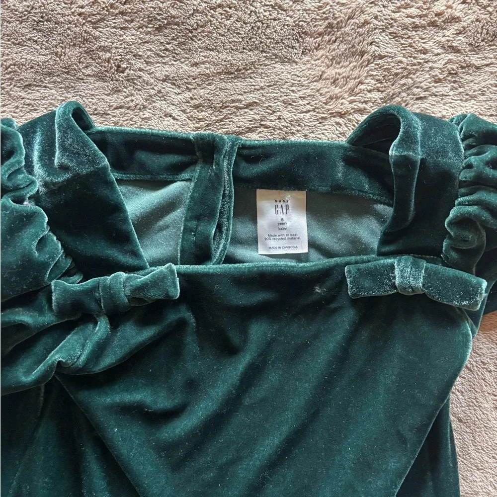 Baby Gap Girls Forest Green Velvet Holiday Dress Bow Puffy Sleeve Toddler 5T